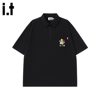itizzue黑色短袖翻领男士polo衫