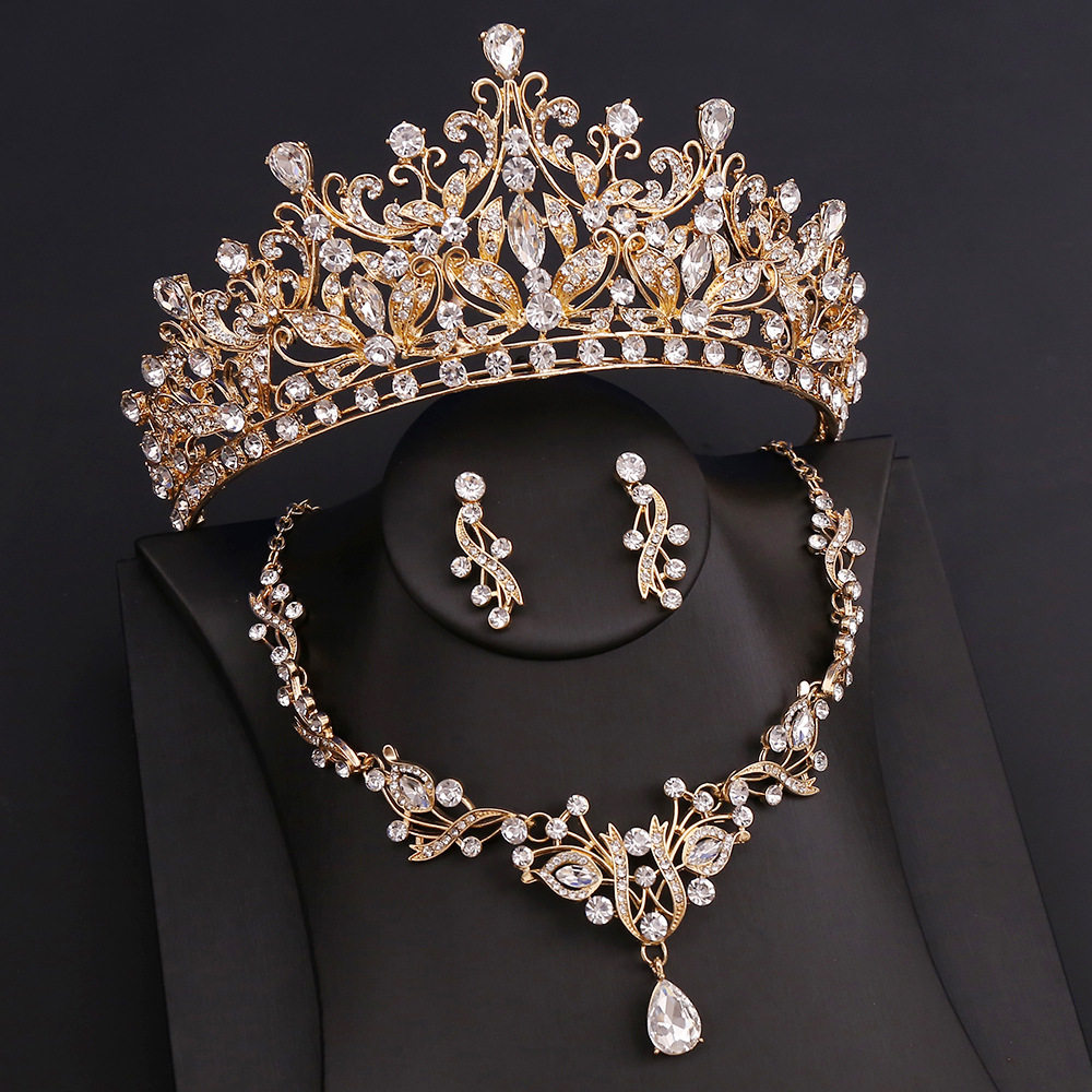 跨境奢华新娘饰品三件套结婚王冠头饰项链耳环套装婚纱礼服配饰品