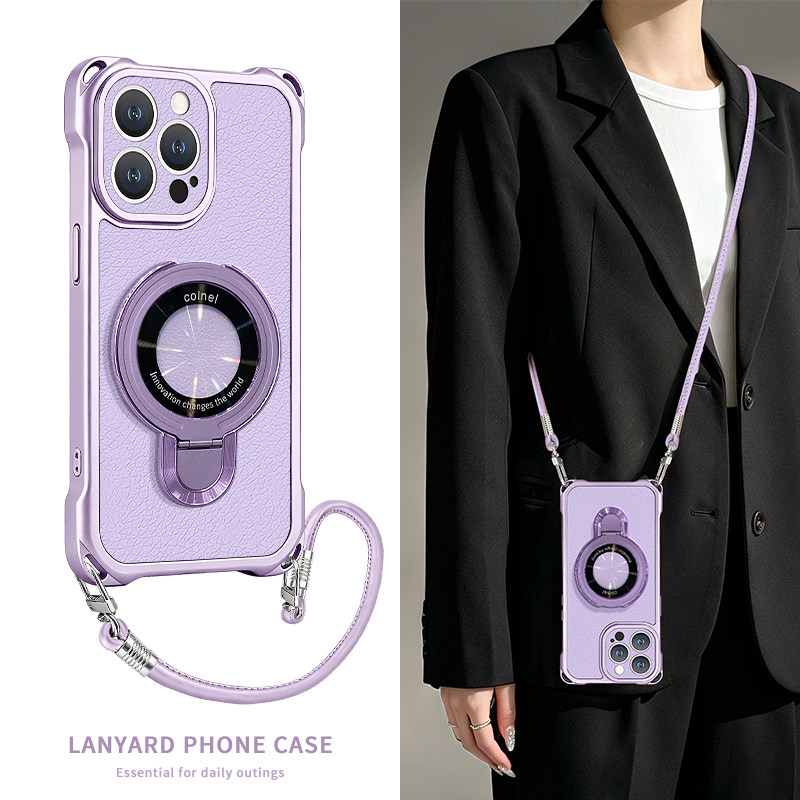 紫CD支架适用苹果17promax手机壳华为mate80简约pura90斜跨挂绳oppoReno16四角防摔vivox300高级小米17保护套