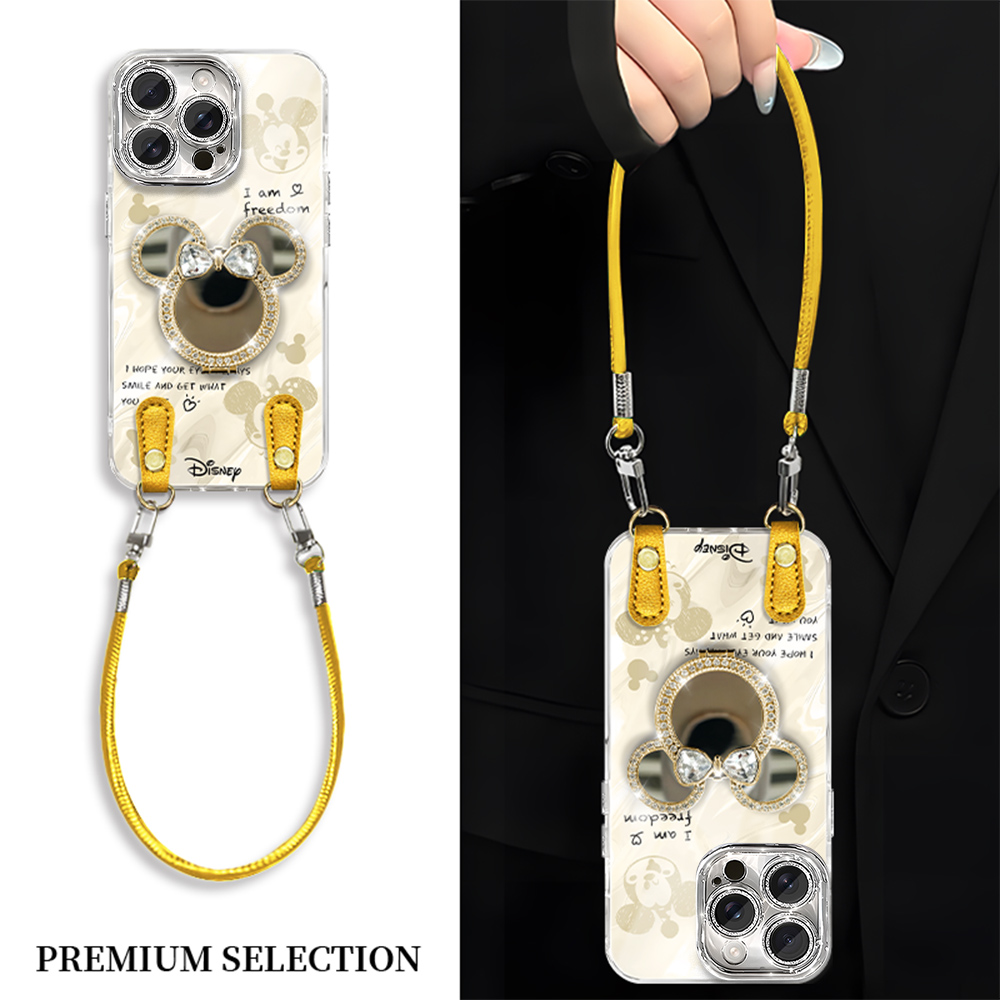 金色米奇镜子支架适用苹果16promax手机壳华为mate60pro防摔Pura70荣耀100女款oppoReno14创意vivos20/小米15