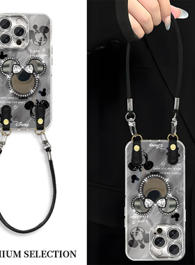 黑色米奇镜子支架适用荣耀400手机壳创意荣耀200/100高级感荣耀magic7/荣耀90/70pro斜跨挂绳荣耀x60防摔女