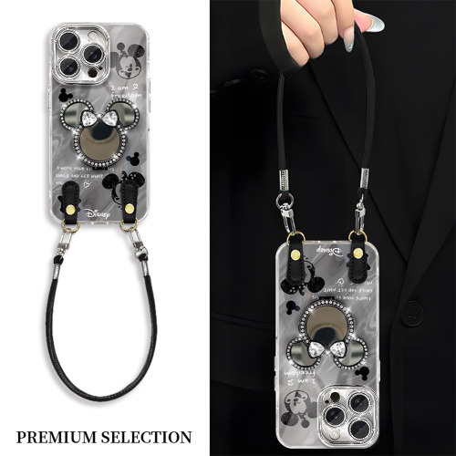 黑色米奇镜子支架适用荣耀400手机壳创意荣耀200/100高级感荣耀magic7/荣耀90/70pro斜跨挂绳荣耀x60防摔女