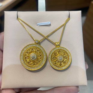 古法金包银镶钻八宝罗盘项链女镂空可转动时来运转吊坠挂坠送女友