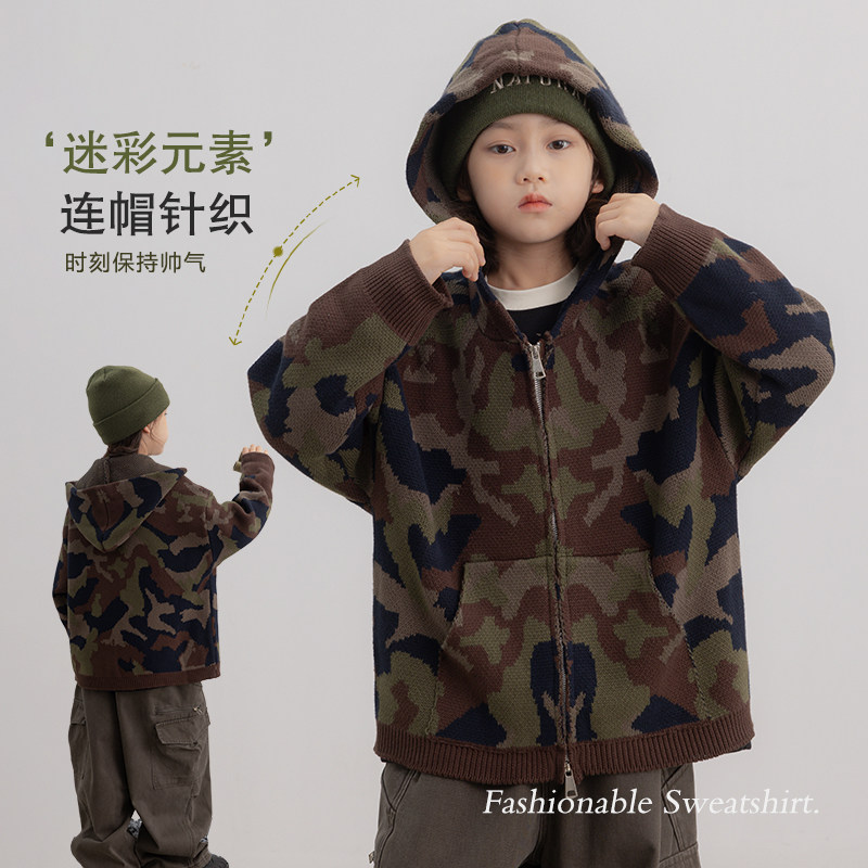 男童秋冬毛衣2026新款中大儿童男孩毛衣开衫潮酷中学生外套迷彩帅