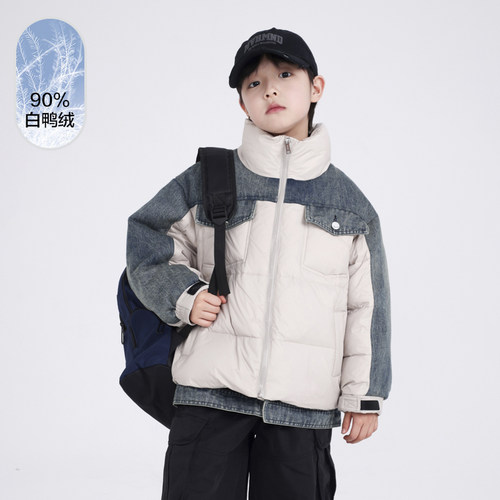 男童冬季拼色牛仔羽绒服加厚防寒
