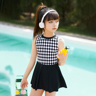 2025新款儿童泳衣分体裙式女童女孩中大童格子高级ins风走秀海滩