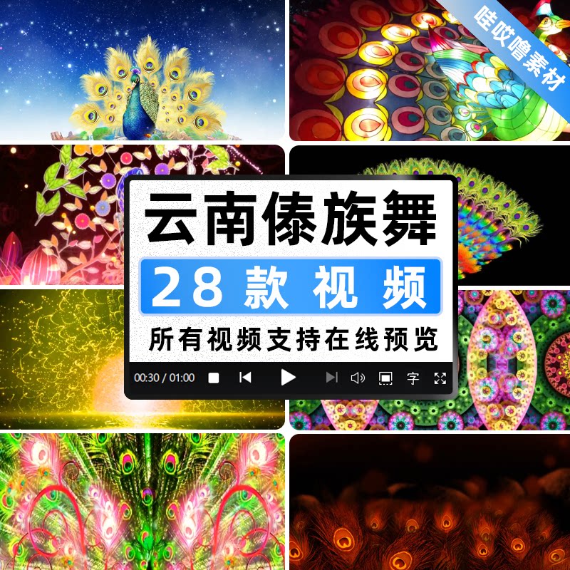 云南傣族舞蹈孔雀舞图腾花纹羽毛月色竹林 LED大屏幕背景视频素材