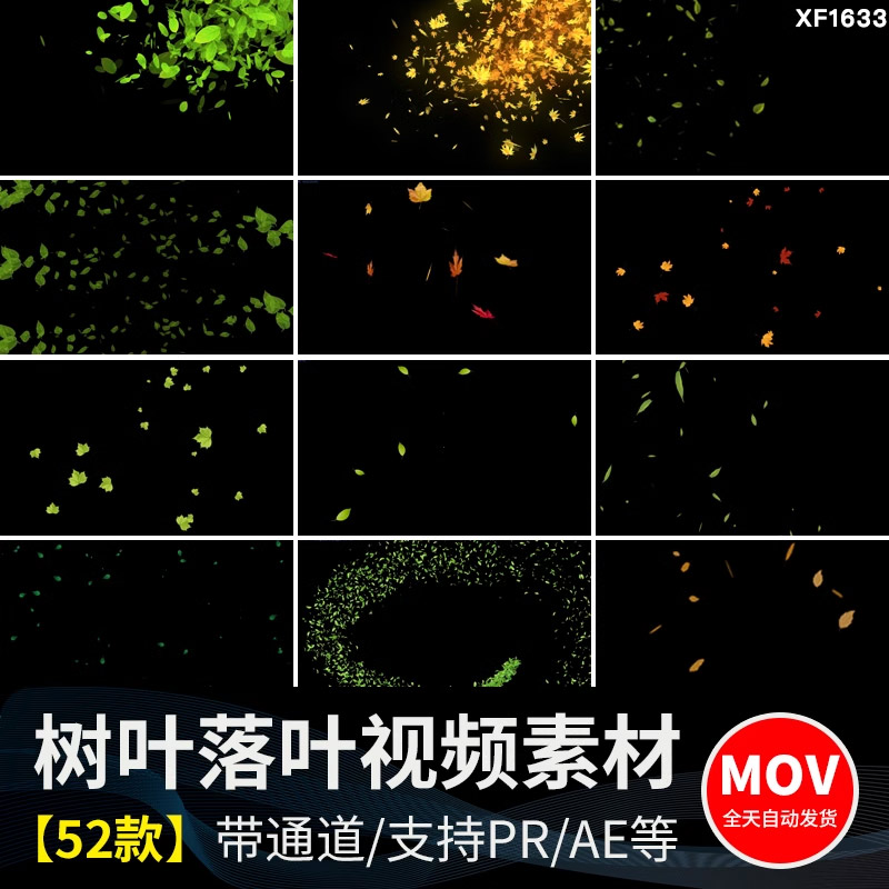 清新绿叶飘落秋天枫叶落叶动态效果后期mov透明通道pr/ae视频素材