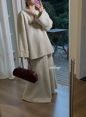 CCCHEUNG10月31晚8 高端轻奢新中式清冷富贵感羊毛双面呢长裙套装