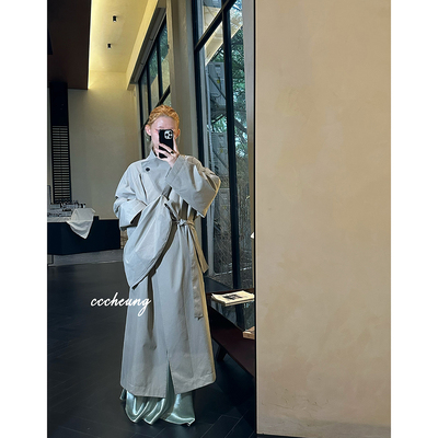 斜挎牛角包长款廓形风衣外套