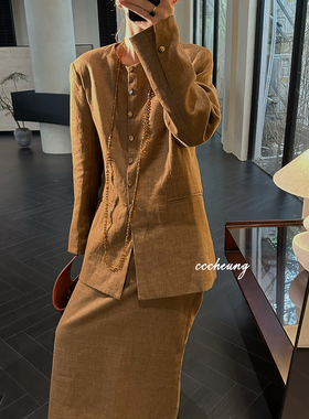 CCCHEUNG3.20晚8 轻奢极简新中式老钱风贝壳装饰亚麻西服半裙套装