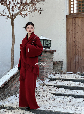 CCCHEUNG 12.09晚8 多种穿法手工流苏羊毛双面呢外套直筒裙套装