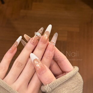 Nail 爆闪款 牛奶珍宝珠 金秋猫眼法式 波点手工穿戴甲 中长款 Meil