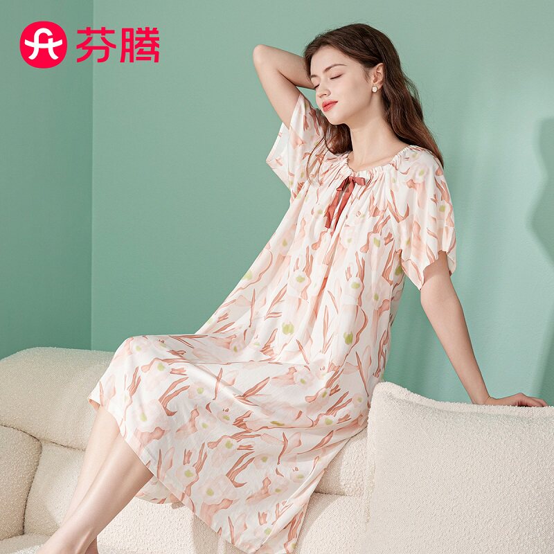 芬腾睡裙薄款弹性娃娃领短袖蝴蝶结家居田园风睡裙花女夏季家居服