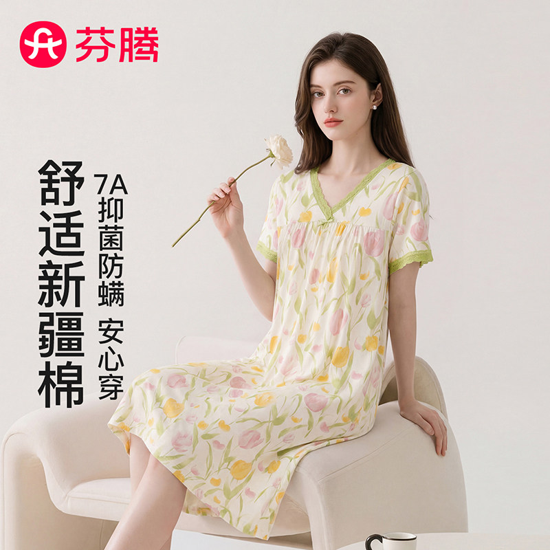 芬腾睡裙女夏季短袖纯棉薄款中长裙蕾丝花边V领宽松印花女睡衣裙