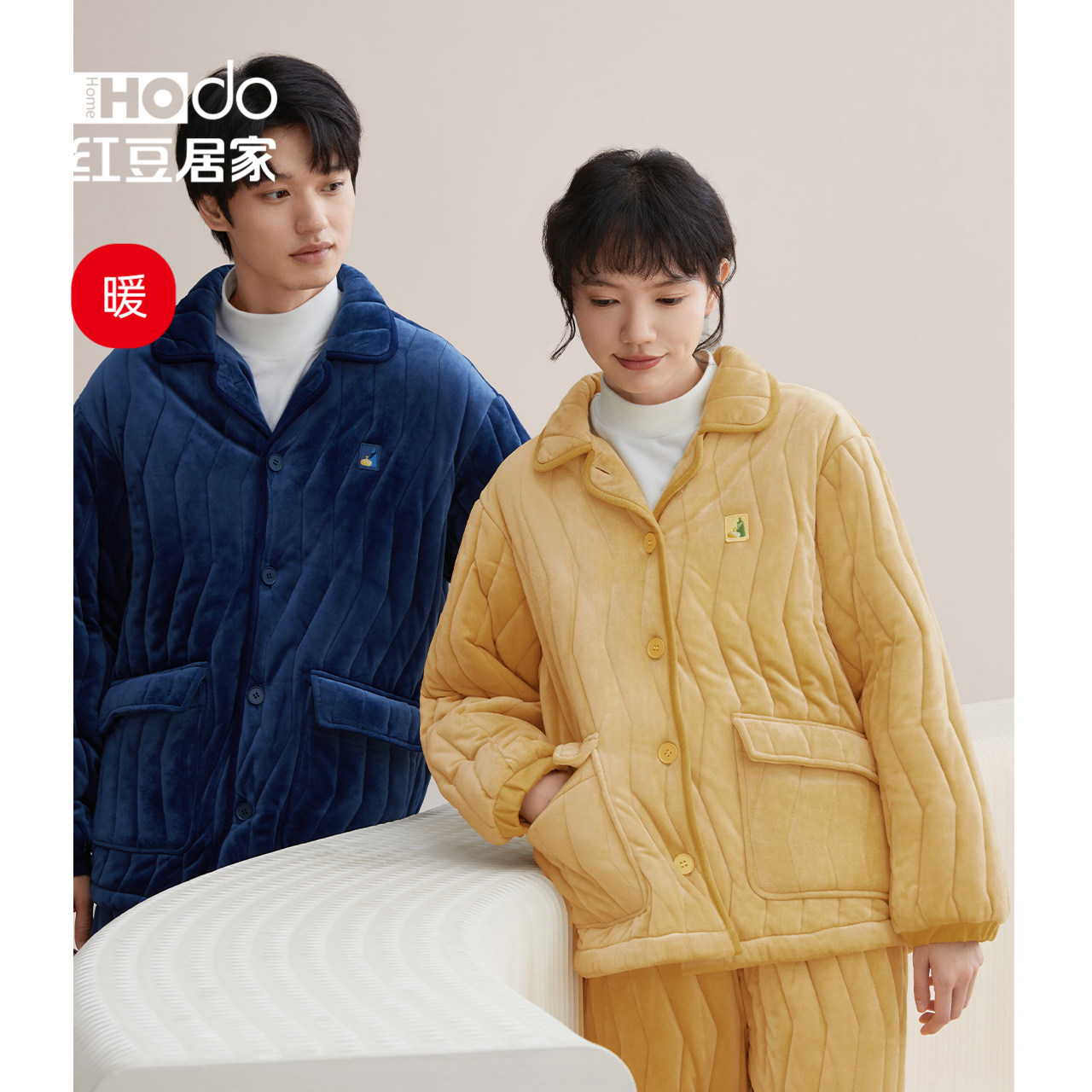 【暖感】红豆情侣夹棉睡衣女珊瑚绒冬三层加厚抗静电家居服套装男