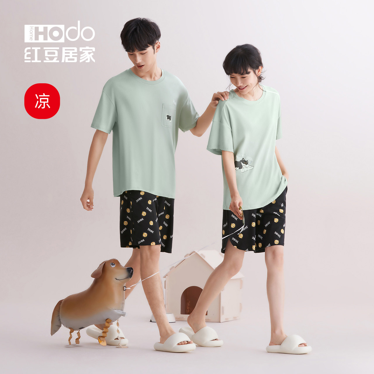 红豆居家凉感情侣睡衣夏季棉可外穿短袖短裤男女士家居服套装薄款