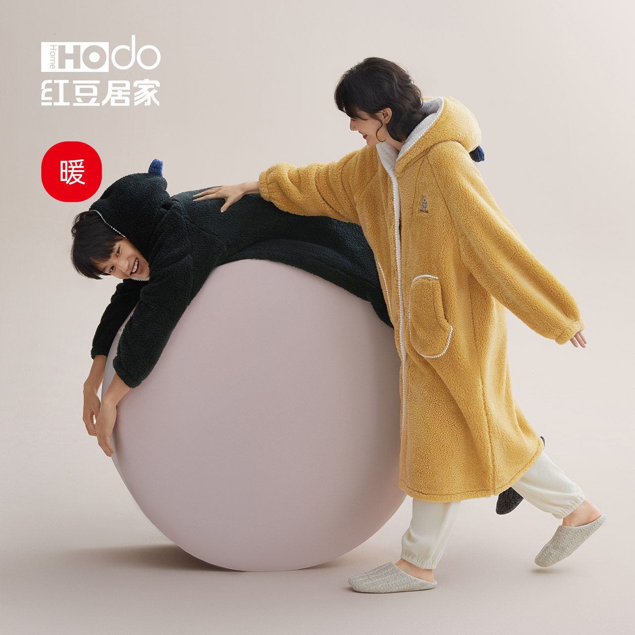 【暖感】红豆情侣睡袍女冬季睡衣男珊瑚绒加绒加厚冬天外穿家居服