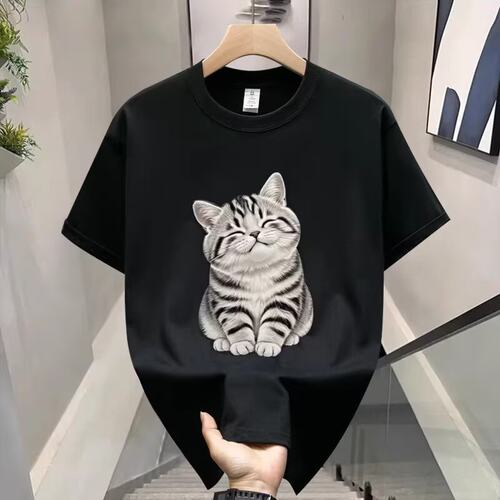 韩系可爱猫咪印花短袖T恤男显白