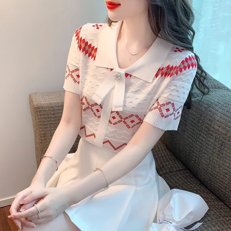 冰丝短袖针织衫女夏季2025年新款爆款时尚洋气娃娃领短款t恤上衣