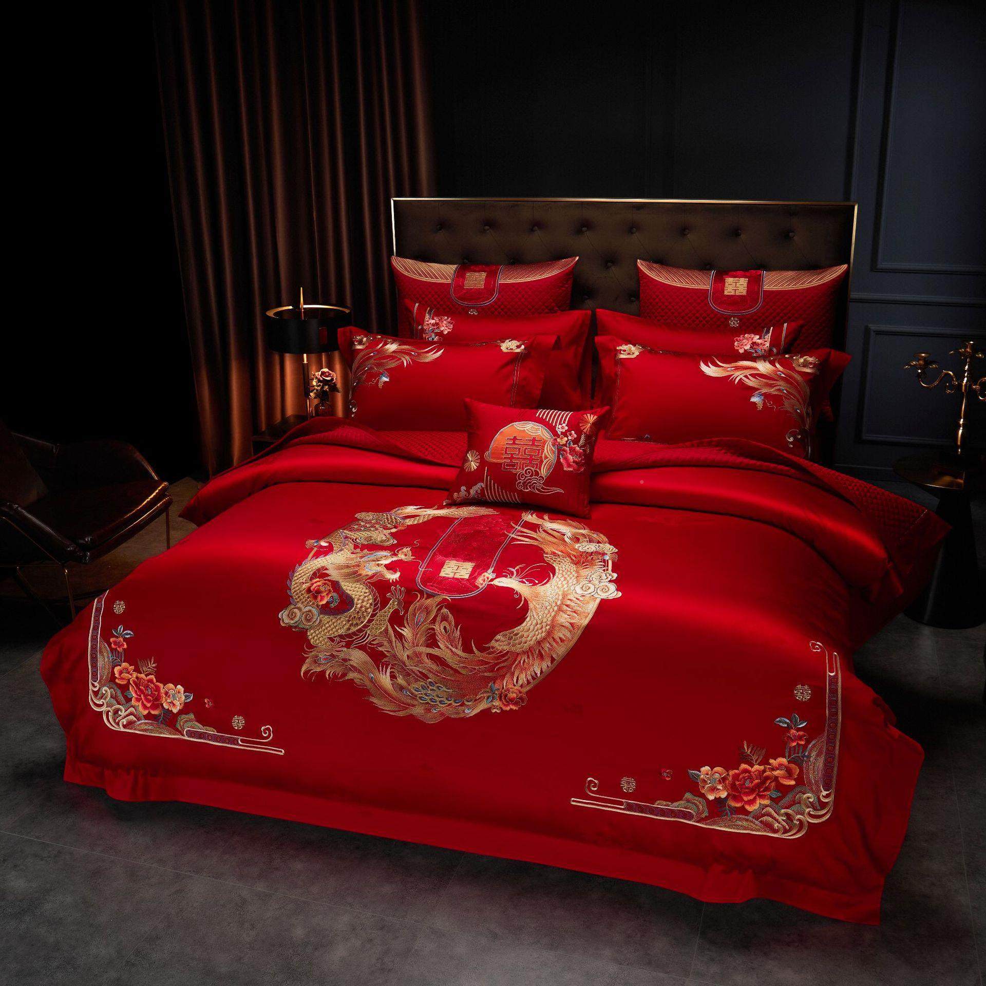 庆家纺红色花卉四件套富贵花牡刺绣十丹DM108件套结婚开床上用婚,床上用品,婚庆床品套件,淘宝优惠券,粉丝福利购,淘宝优惠卷