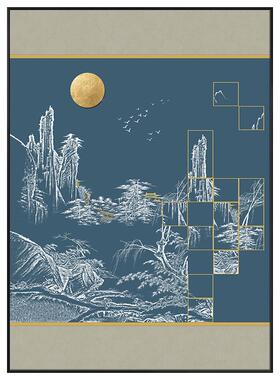新中式玄YZ202301关客背景墙装饰挂画宫殿建筑样板房茶厅办公室室