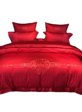 结婚季丨大红色1婚庆棉0全0贡缎202002四支六件套结婚婚房寝具床
