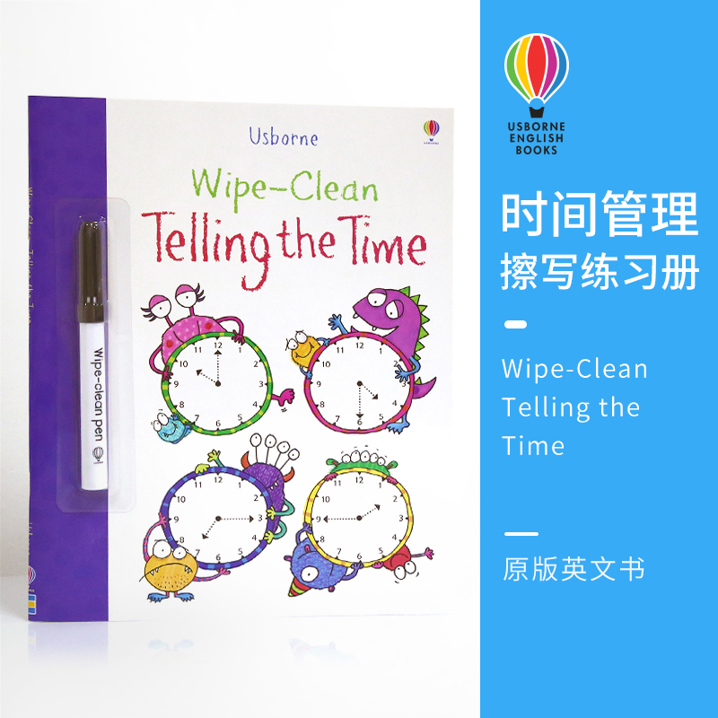 Usborne Wipe-Clean Telling the Time 尤斯伯恩旗舰店 时间认知 可擦书附可擦笔 儿童写字训练练习册  2-7岁 英文原版进口图书 书籍/杂志/报纸 原版其它 原图主图