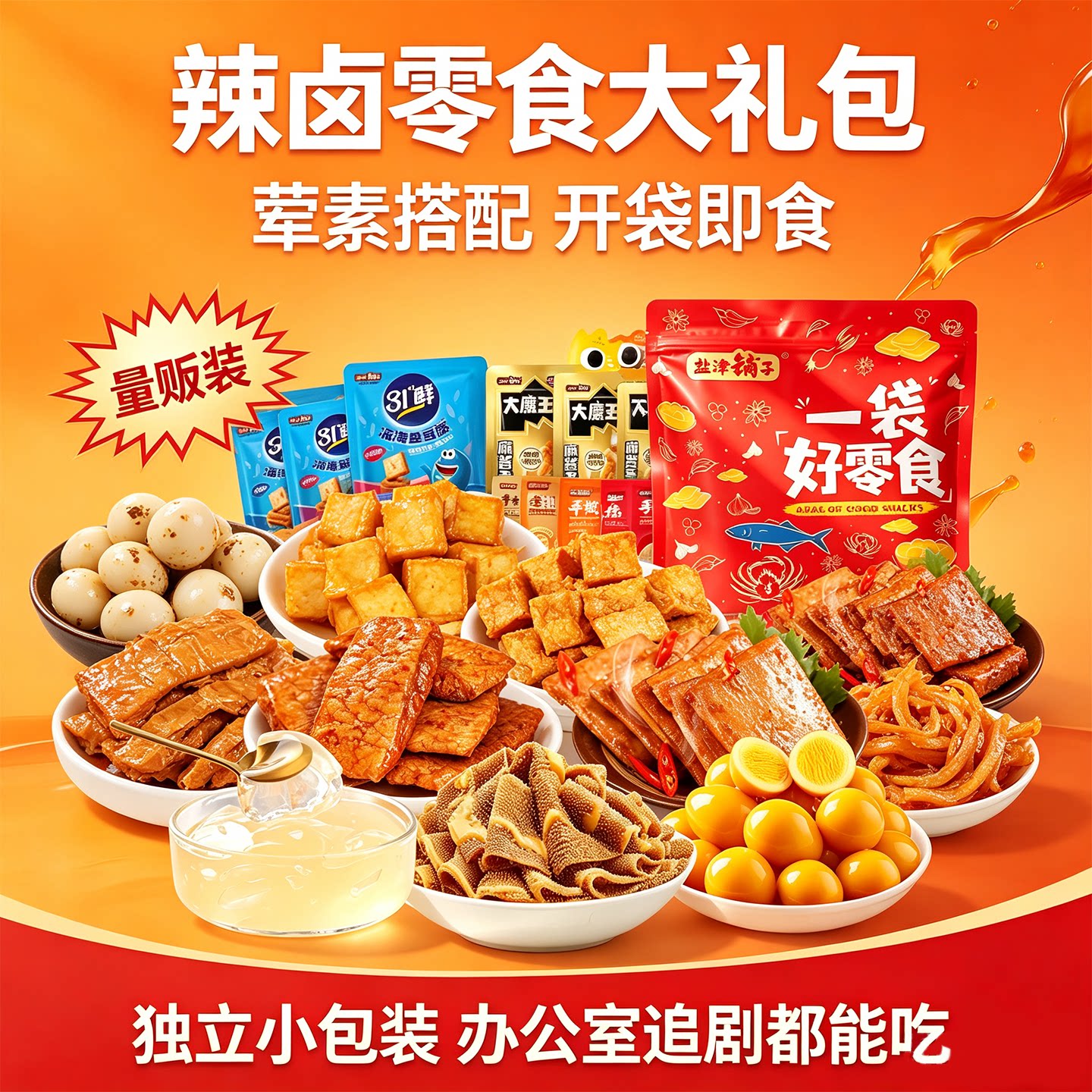 盐津铺子零食组合大礼包鱼豆腐手撕素肉鹌鹑蛋追剧解馋卤味小零食