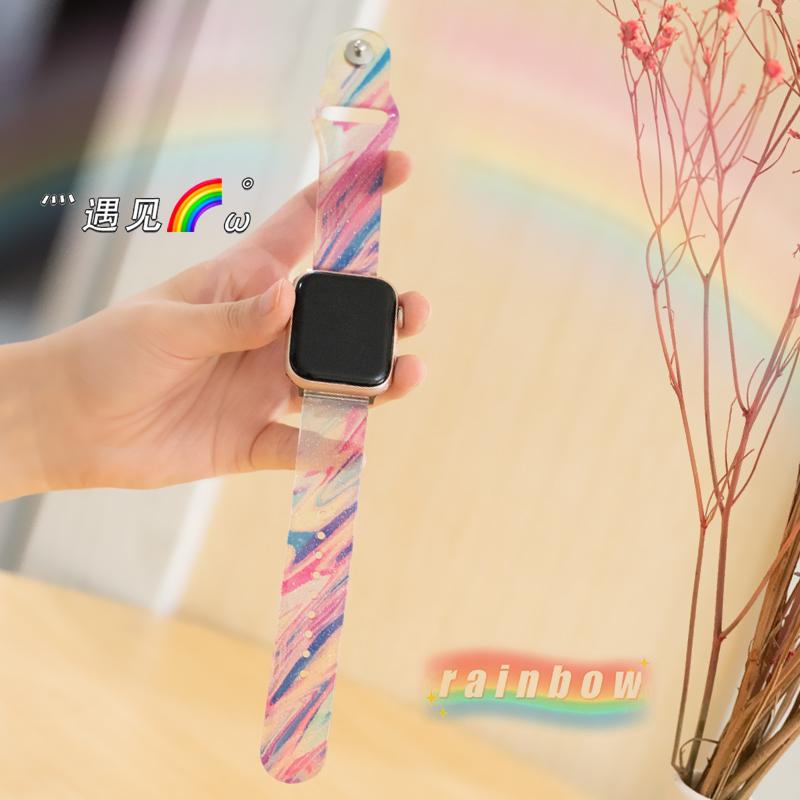 适用苹果手表表带apple watch8/7/Ultra闪粉彩虹表带透明运动四五六代iwatchSE/3/4/5/6/1男女38/42/40/44mm 智能设备 智能手表手环表带/腕带 原图主图