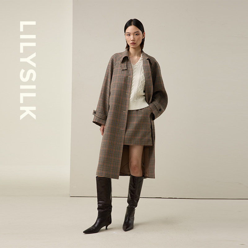 复古小格纹立领呢大衣莉莉秀客宽松单排扣插肩袖毛呢外套LILYSILK