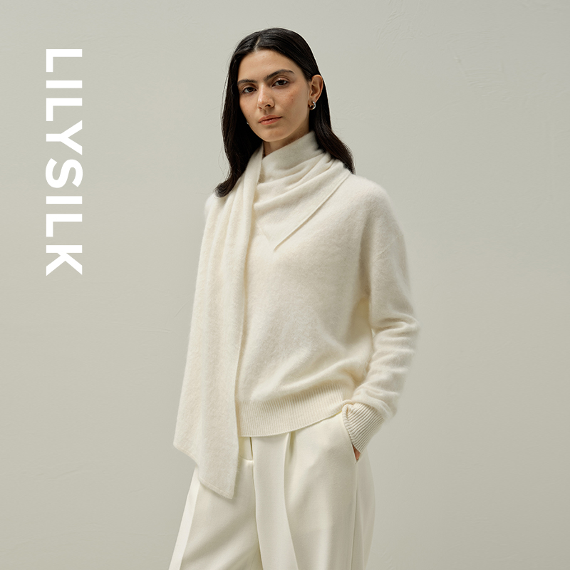 莉莉秀客LILYSILK25秋冬羊绒纯色围巾领设计简约拉绒保暖长袖毛衣