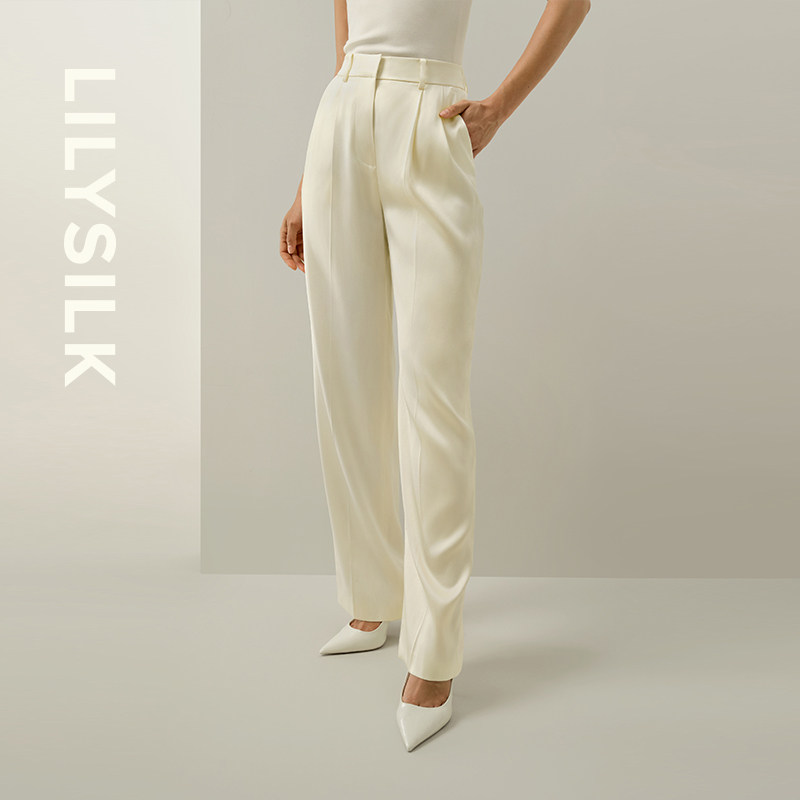 桑蚕丝阔腿长裤莉莉秀客舒适压褶设计裤子女士高腰后松紧LILYSILK