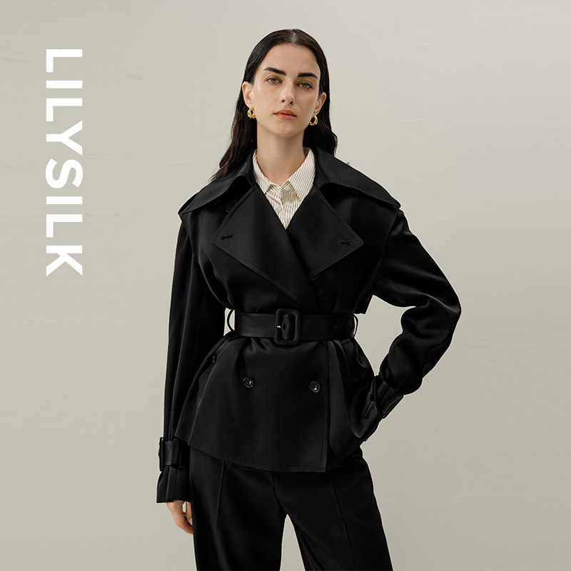 真丝夹克风衣外套莉莉秀客双排扣中长款舒适重磅上衣LILYSILK