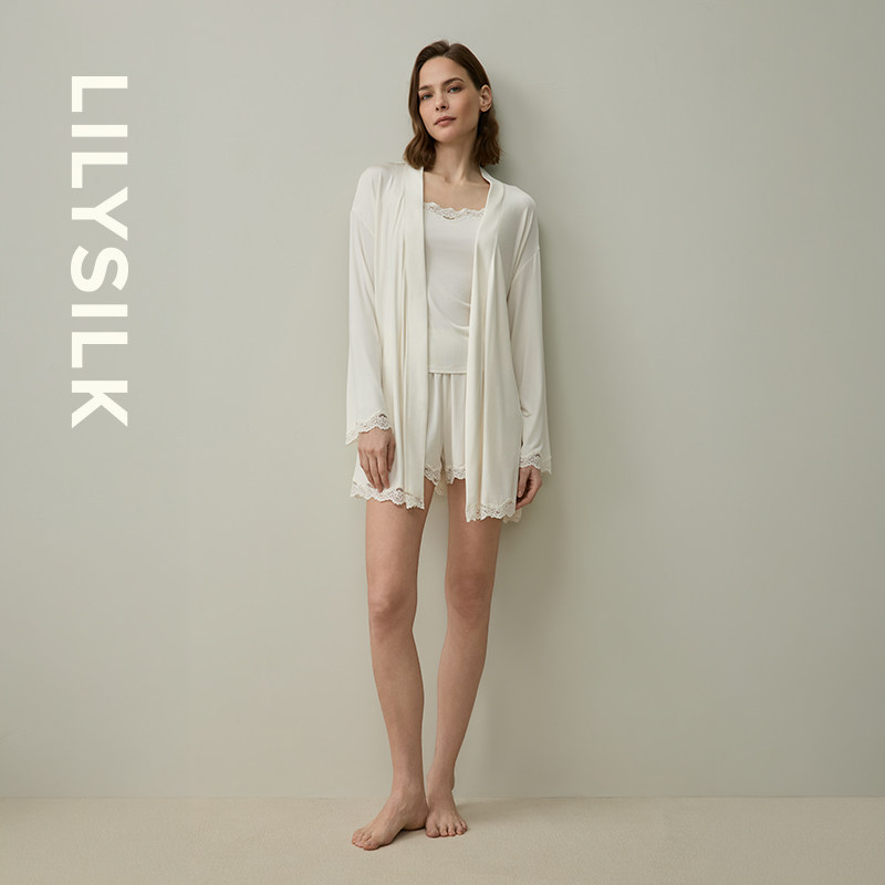 轻奢真丝睡袍莉莉秀客V领交叉收腰蕾丝裙摆女宽松家居服LILYSILK