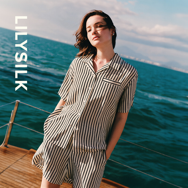 条纹短袖衬衫莉莉秀客夏新女士双绉上衣舒适百搭口袋装饰LILYSILK