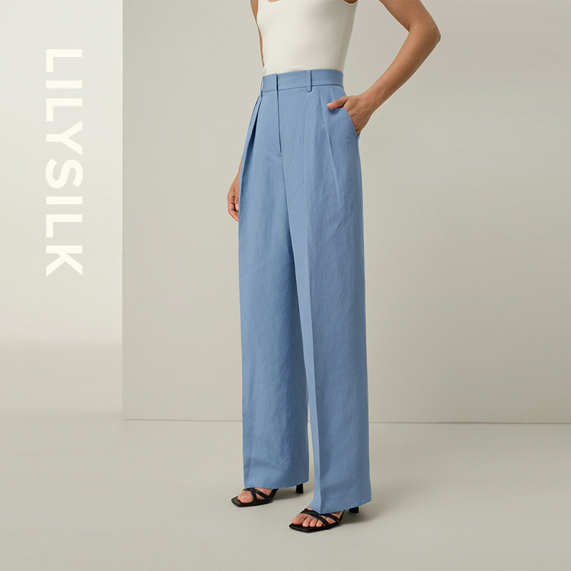 桑蚕丝亚麻混纺长裤莉莉秀客舒适阔腿裤子女士高腰裤口袋LILYSILK