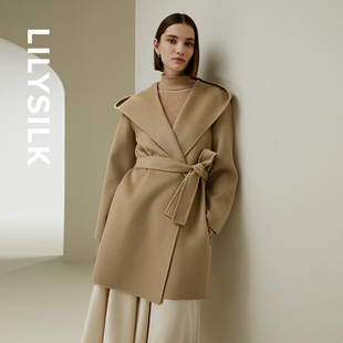 LILYSILK莉莉秀客羊绒羊毛混纺大兜帽大衣大气简约秋冬氛围感外套