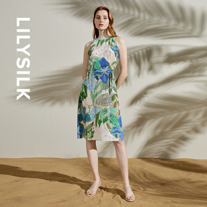 LILYSILK莉莉秀客露肩油画印花连衣裙度假风休闲