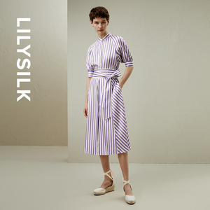 LILYSILK莉莉秀客紫白条纹收腰系带口袋真丝连衣裙简约气质裙