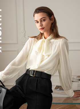 LILYSILK莉莉秀客桑蚕丝真丝衬衫t恤女系带宽松长袖轻薄透气上衣