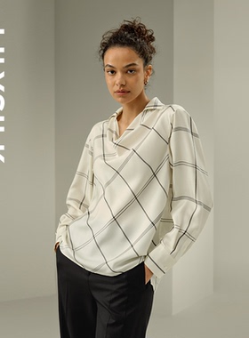 斜纹绸格子纹路上衣莉莉秀客LILYSILK秋冬设计荡领简约通勤衬衫