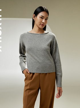 莉莉秀客LILYSILK美丽诺羊毛浅灰色针织衫大圆领修身款毛衣秋冬女