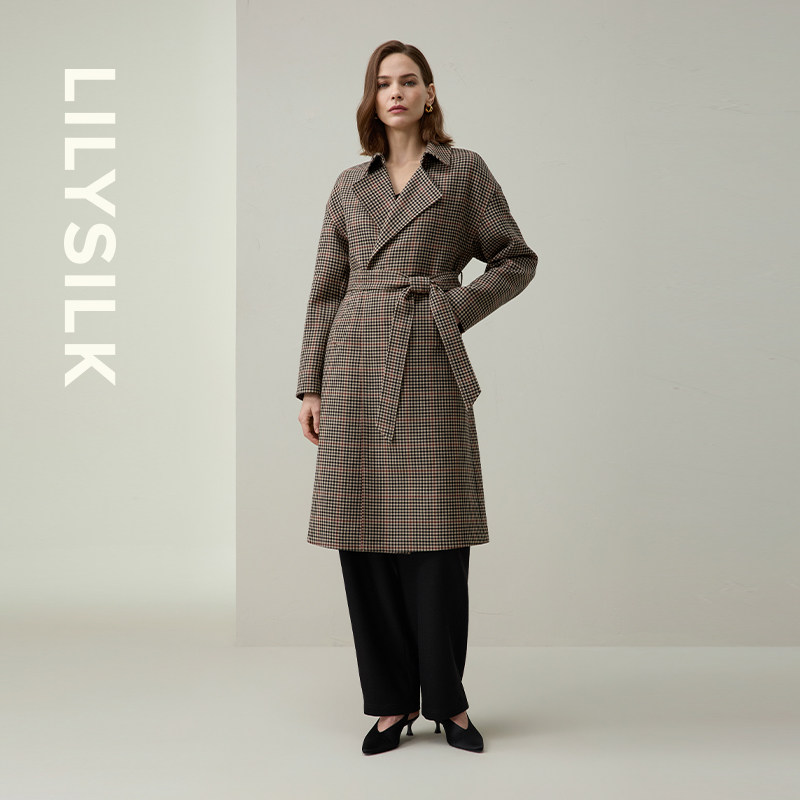 复古小格纹毛呢大衣莉莉秀客翻领系带收腰长款呢子外套女LILYSILK