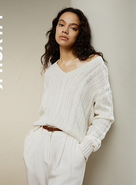 【明星同款】LILYSILK莉莉秀客慵懒风绞花V领女士宽松长袖毛衣