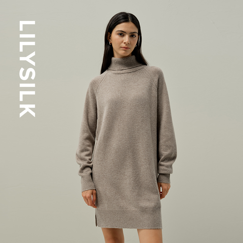 莉莉秀客LILYSILK25秋冬羊毛羊绒混纺高领长袖慵懒风过膝长款毛衣