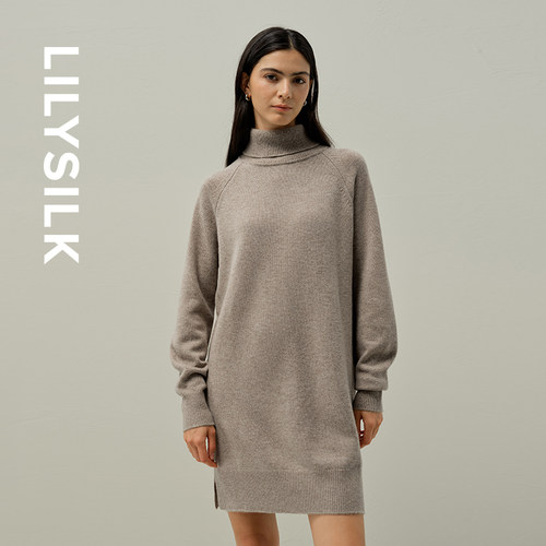 莉莉秀客LILYSILK25秋冬羊毛羊绒混纺高领长袖慵懒风过膝长款毛衣