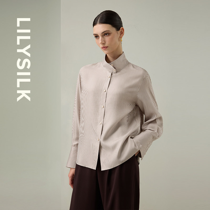 知性风立领长袖衬衫莉莉秀客中式竖条纹垂感通勤长袖上衣LILYSILK