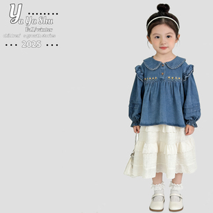 爆款110-150码2026新款春装女童黄色针织马甲翻领娃娃衫2件套装