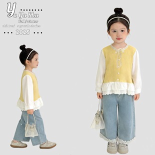 110-150码 2026新款春装女童黄色拼色衬衫娃娃衫春季薄款开衫外套